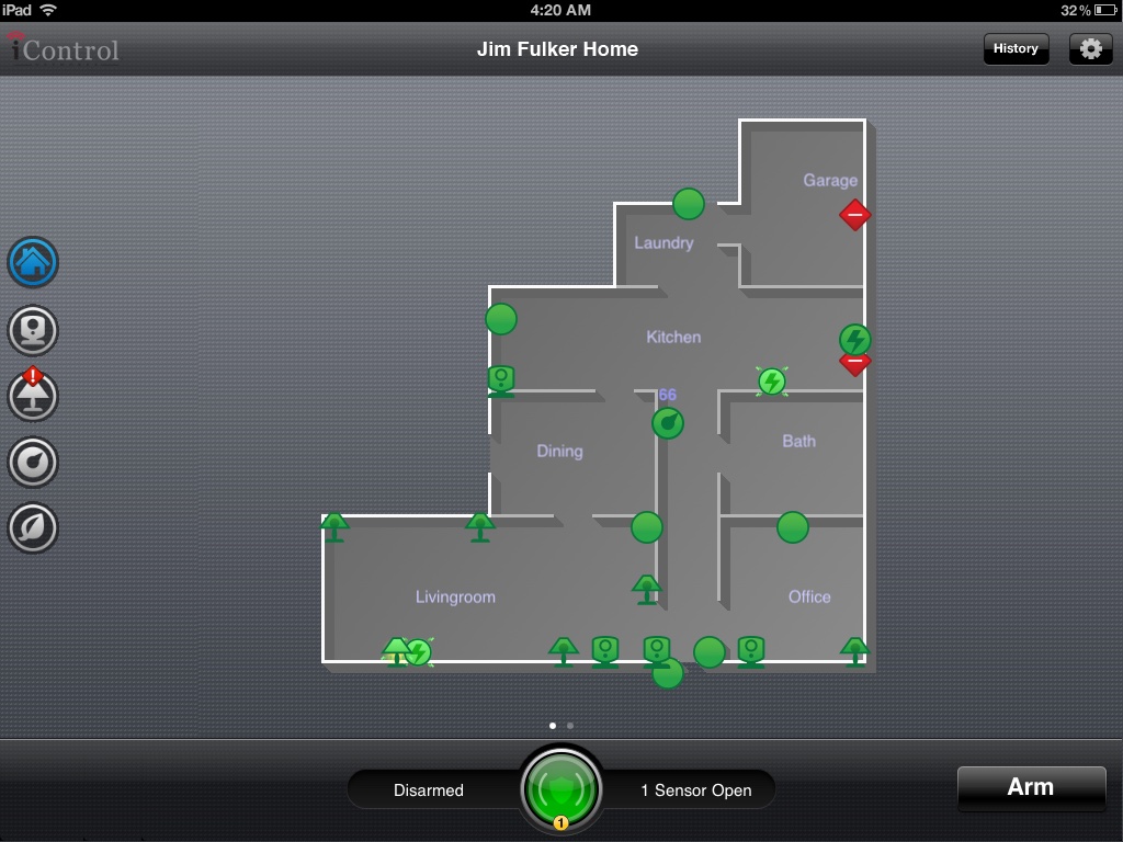 Home View on iPad: a live floor plan with sensors and devices in every room
