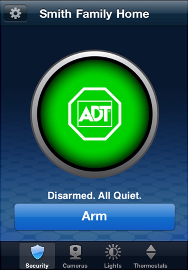 The iPhone app's home screen: the orb shows the system disarmed and all quiet